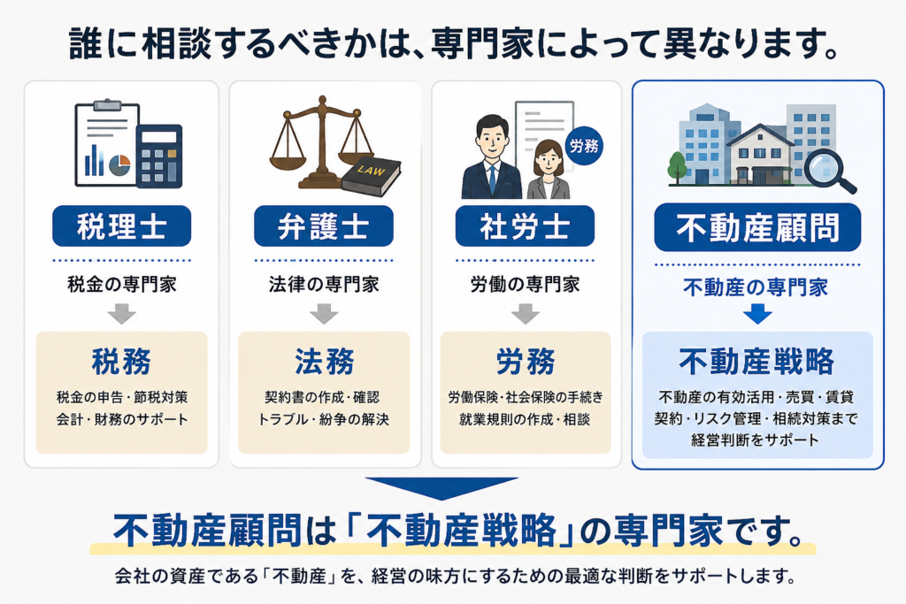 神戸の中小企業向け不動産顧問の役割比較図。税理士は税務、弁護士は法務、社労士は労務、不動産顧問は不動産戦略を担当
